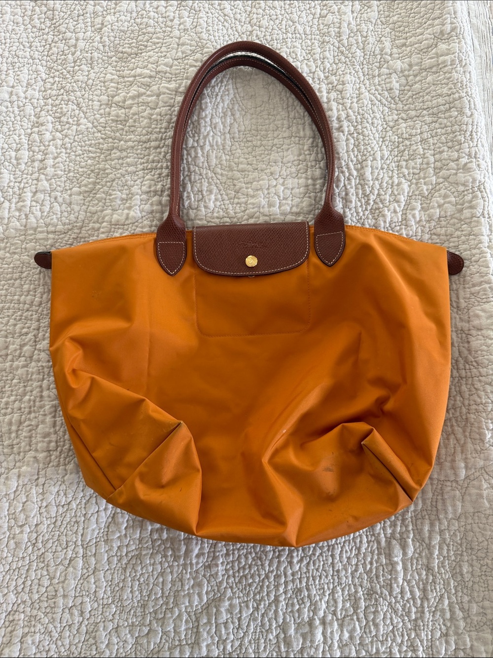 Longchamp Orange Nylon Tote with Brown Leather Trim